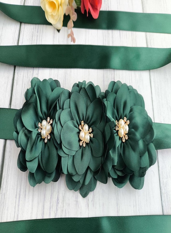 Oyabridal Flower Girl Sash Belt for Dresses Bride/Bridesmaid Sash Belts Flower Pearls Sashes for Wedding Dress (Hunter Green) - Image 2